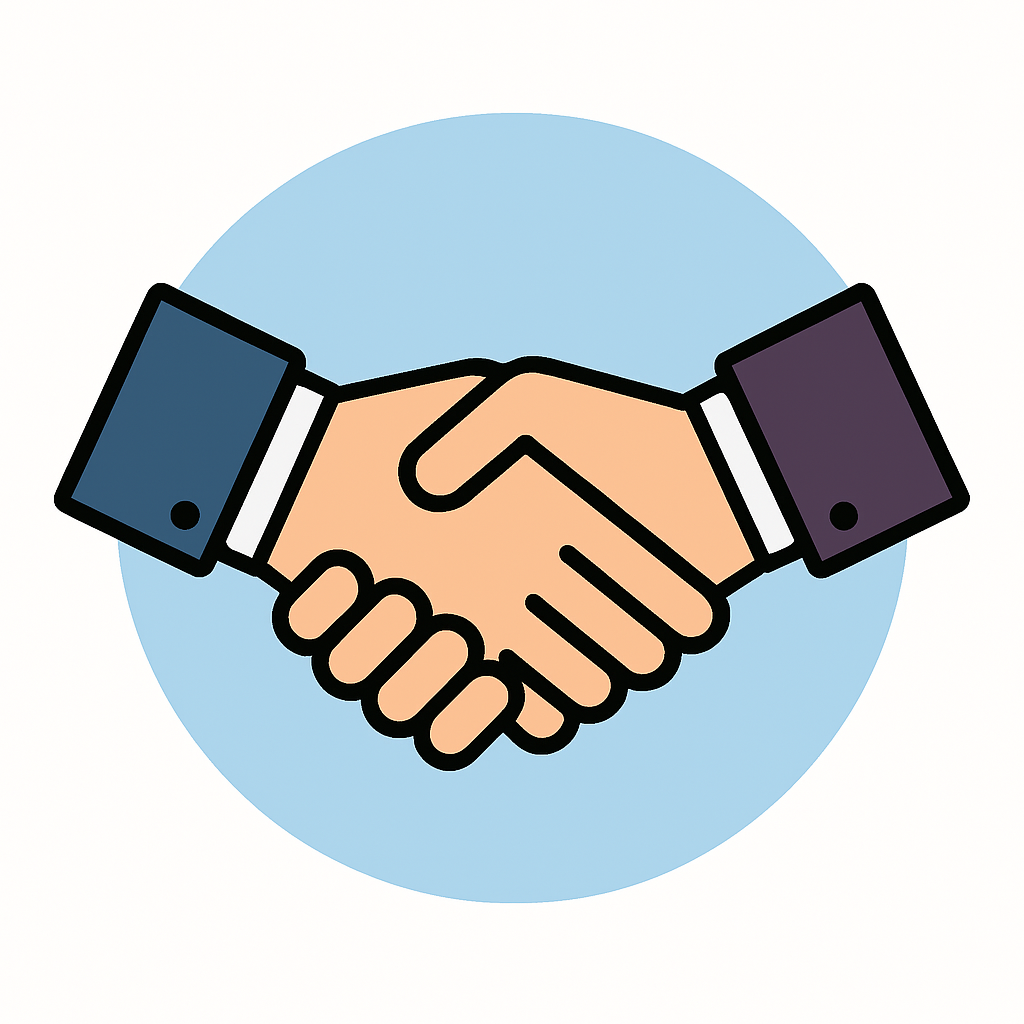 The illustration shows two hands shaking, symbolizing partnering with experts regarding the process of renting a home.