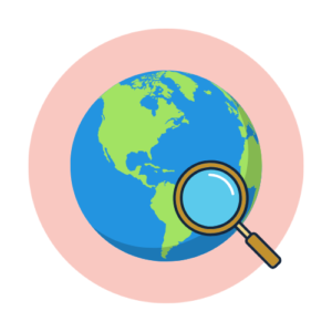 The illustration demonstrates the world or Earth with a magnifying glass, which symbolizes exploring neighborhoods & properties when buying a home.