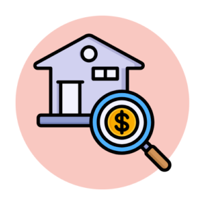 The illustration demonstrates a house being examined by a magnifying glass for its value, which symbolizes appraisal & loan approval when buying a home.