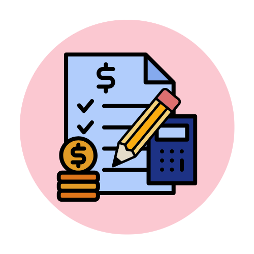 The illustration shows a document with coins, a calculator, and a pencil, symbolizing planning a budget while renting a home.