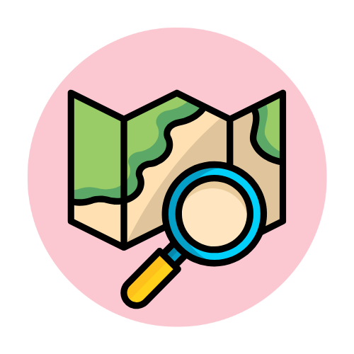 The illustration shows a map and a magnifying glass, symbolizing exploring neighbourhoods before renting a home.