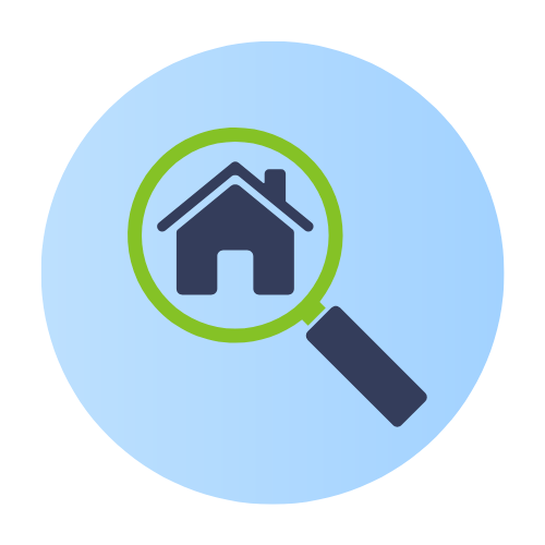 The illustration shows a house within a magnifying glass which indicates hunting for a house when renting a home.